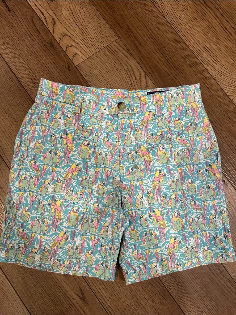 Vineyard Vines Parrot Print Flat Front Shorts - Light Blue, Pink, Yellow, Green